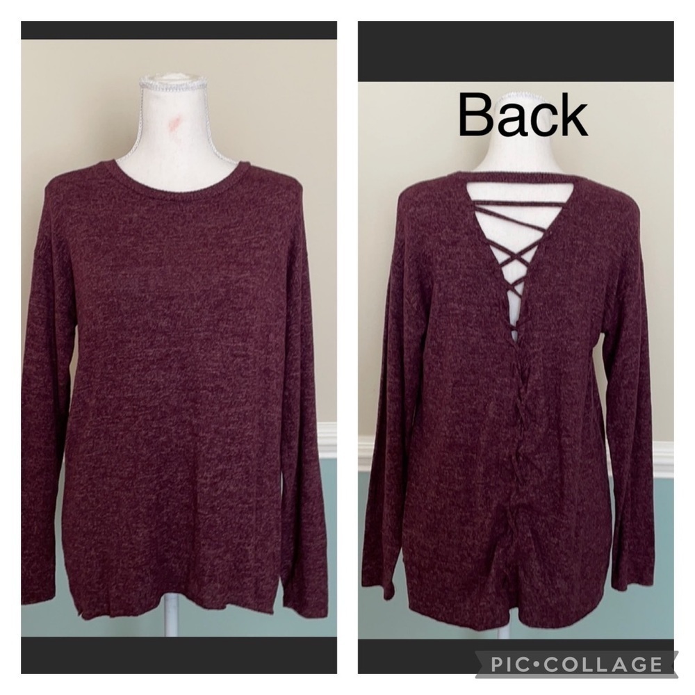 American Eagle Soft And Sexy Plush Sweater Burgandy Criss Cross Size Small